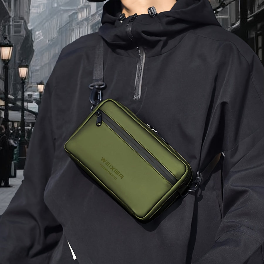 Men'S PU Crossbody Bag Featuring an Adjustable Strap And Waist Attachment - Multiple Compartments with Zipper Closure, Golden-Tone Hardware, And a Sleek Black Minimalist Design - Suitable for Both Casual And Formal Everyday U