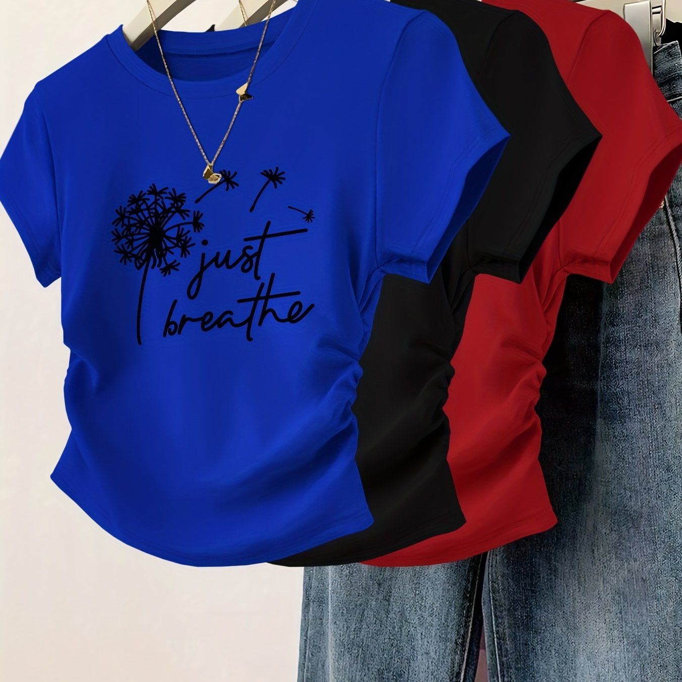 3pcs Women's Slim Fit Cinched Waist Pleated Short Sleeve T-Shirts - Geometric Print Round Neck Casual Tees, Red Grey Blue, Machine Washable Spring Summer Tops, Ladies T Shirts, Everyday Fashion, Smooth Texture Fabric, Seasona