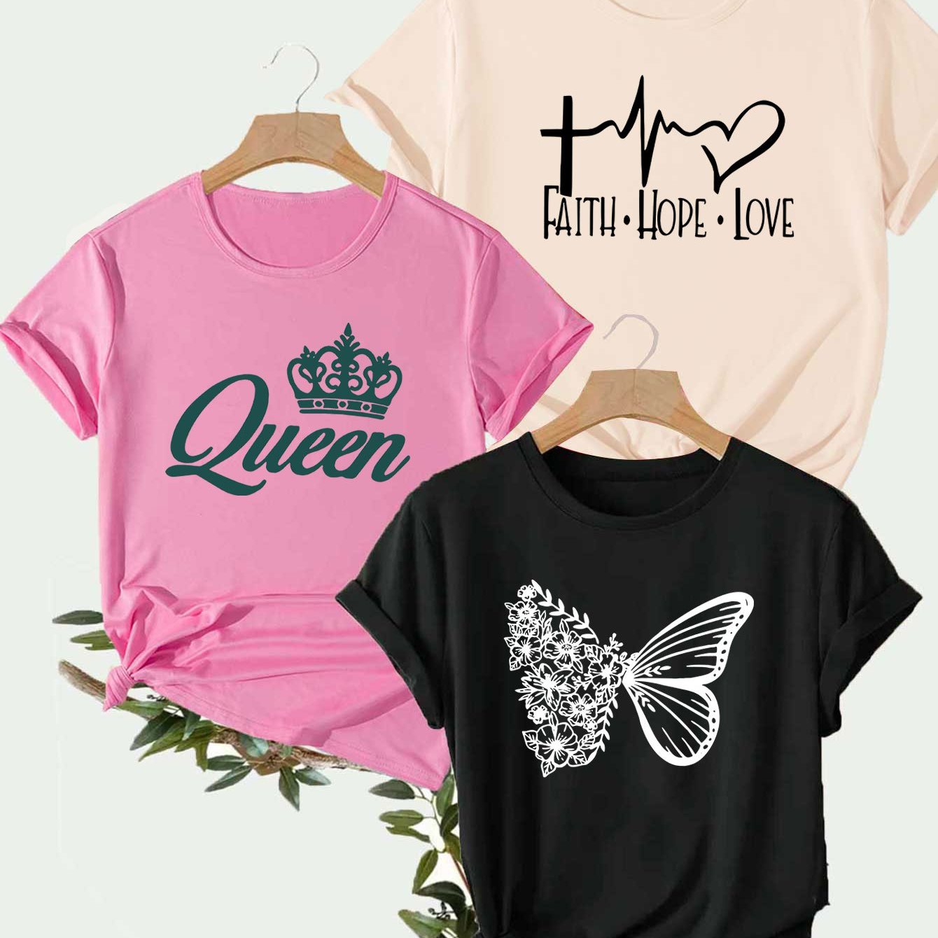 Three Piece Cross Heartbeat Queen Crown Print T Shirt Set