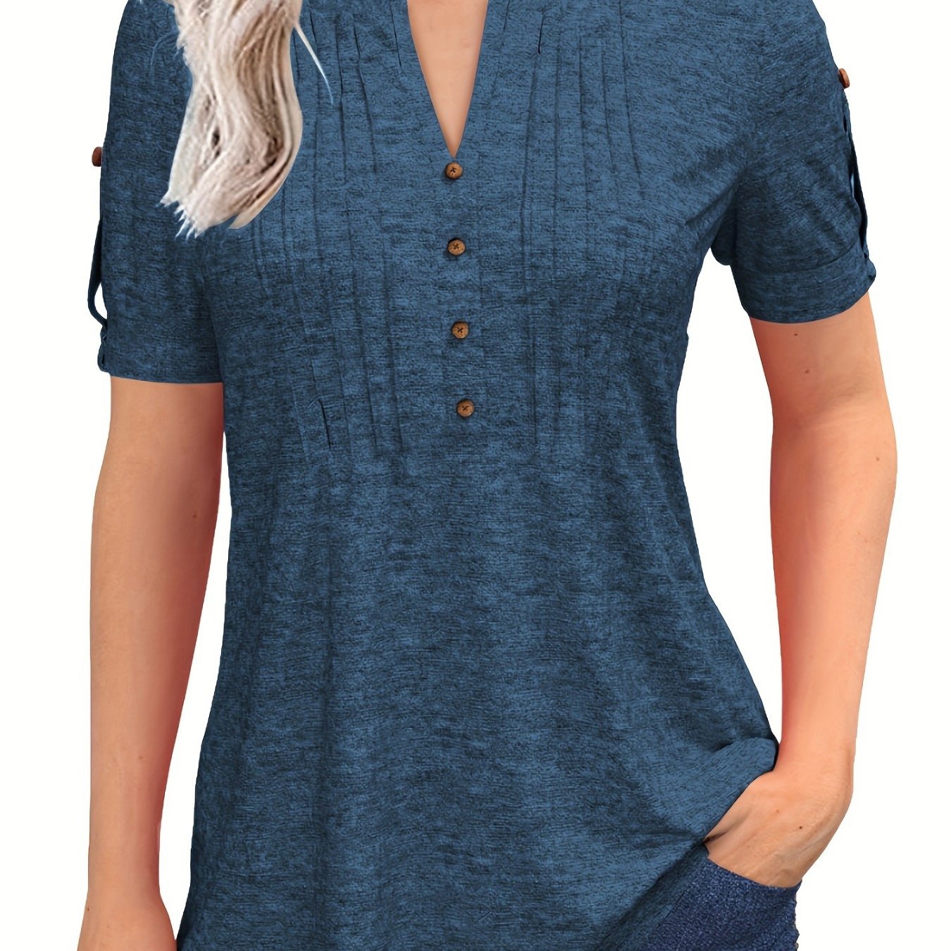 Women's Summer Casual V Neck Button Short Sleeve T Shirt