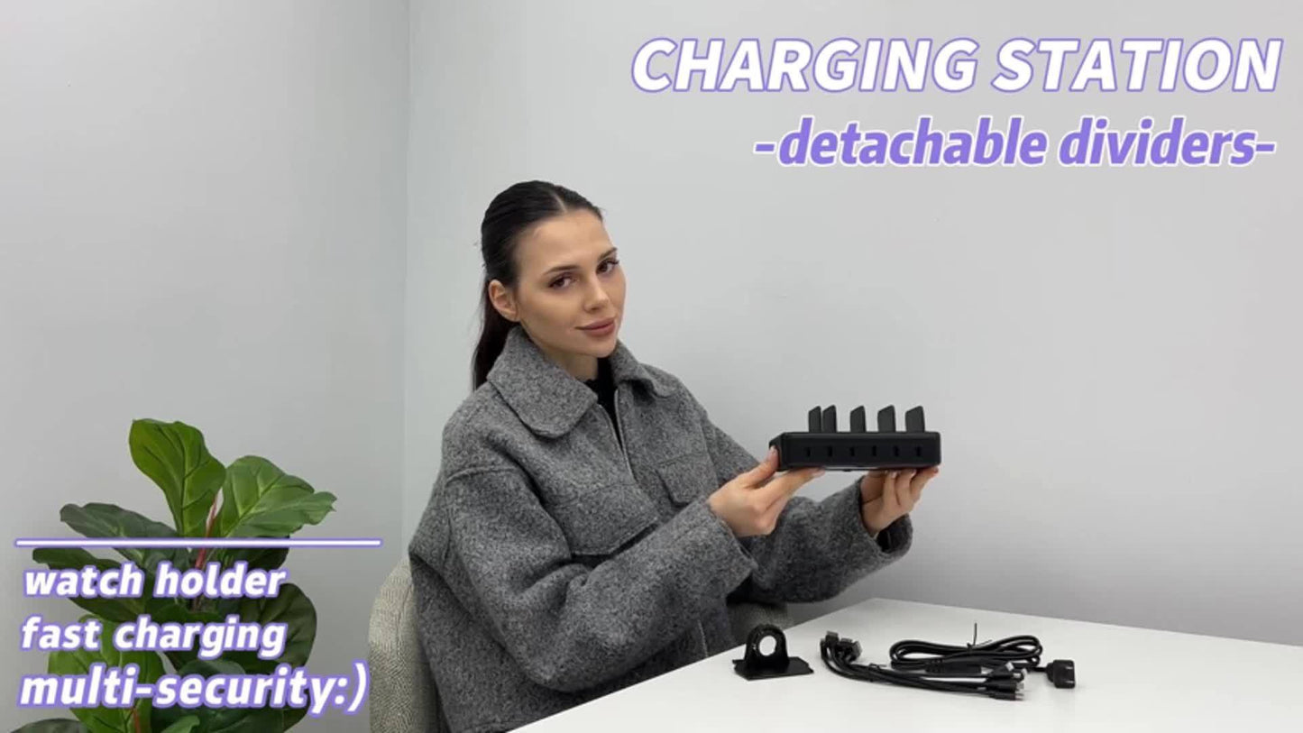 Fast Charging Station For Multiple Devices, 50W 6-Ports USB Charging Station With10-Slot, Detachable Dividers, Watch Holder, Compatible With Phone/iPad/Kindle/Tablet (6 Short Cables Included)