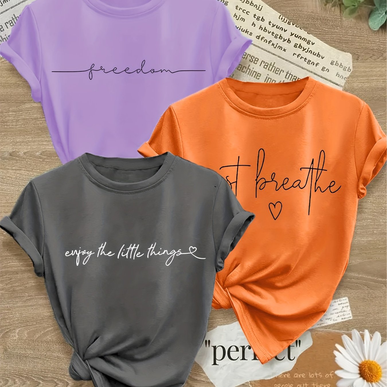 3pcs Casual T-Shirt for Women, Round Neck, Medium-Stretch Fabric, with Alphabet Pattern Prints, Suitable for Spring And Summer Wear- Size S-XXL