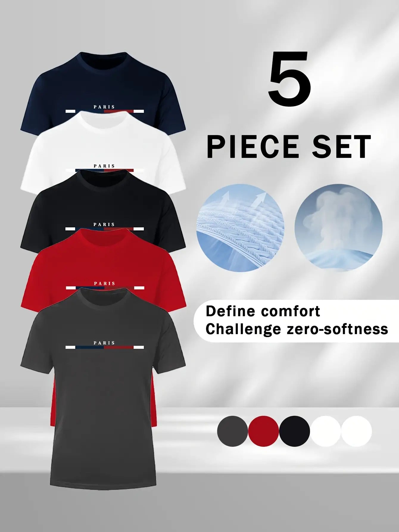5pcs Men's Moisture-Wicking Short Sleeve T-Shirts, Paris Letter Print and Striped Collar Design- 5 Colors Available, Suitable for Summer Outdoor, Beach, Training, and Casual Wear, Comfortable Fit