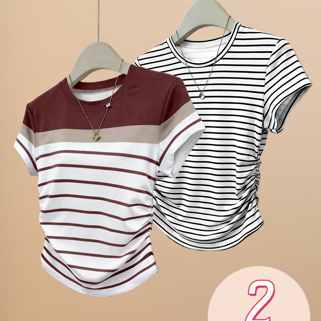 2pcs Womens Striped Short Sleeve T-Shirts Spring Summer Slim Fit Side Ruched Casual Tees Y2K Fitted Going Out Tops Regular Shoulder