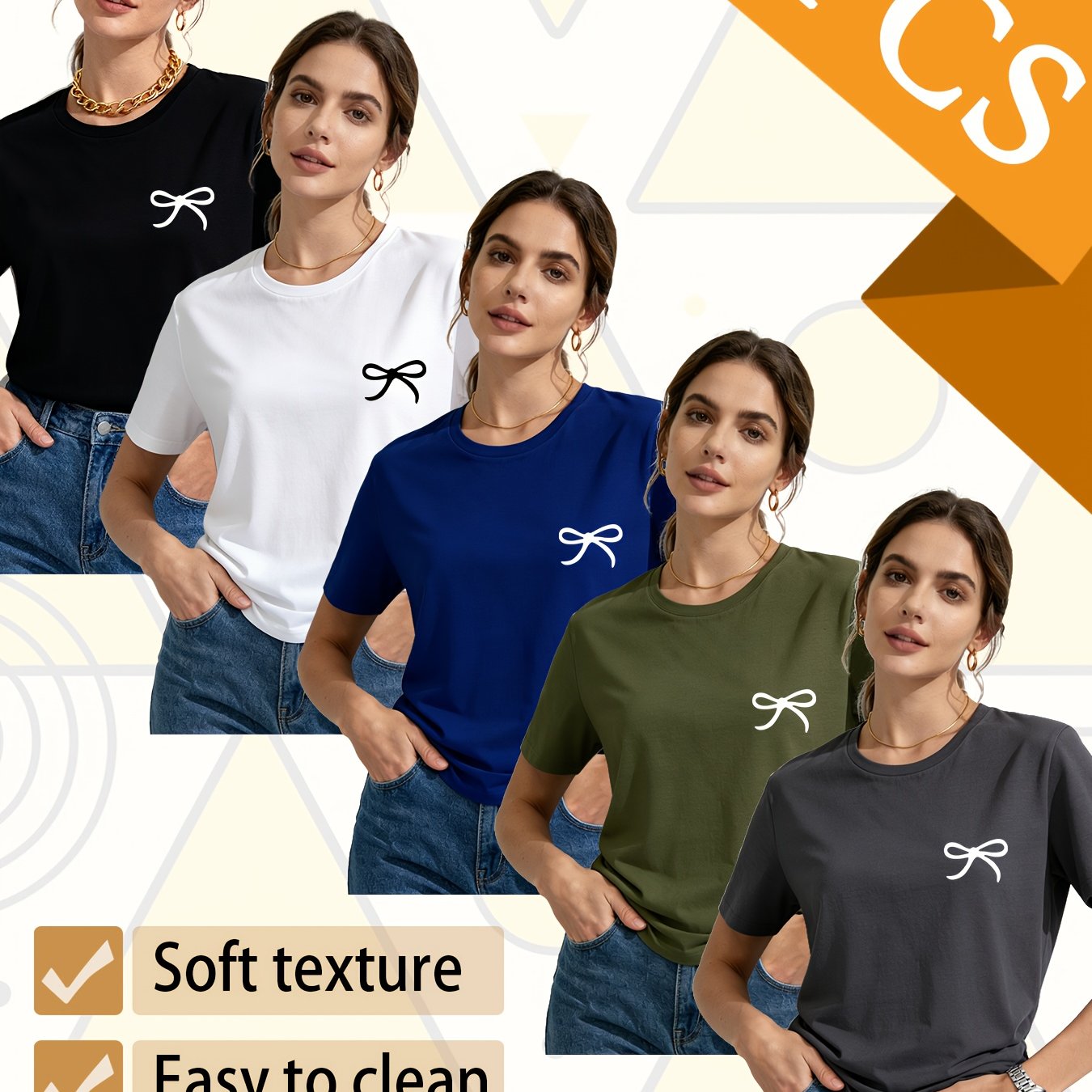 Set of 5 Trendy Women'S T-Shirts Suitable for All Seasons, Featuring Colorful Short Sleeves And a Playful Small Logo with a Bow. This Pack of Casual Tees, Made from 100% Pure