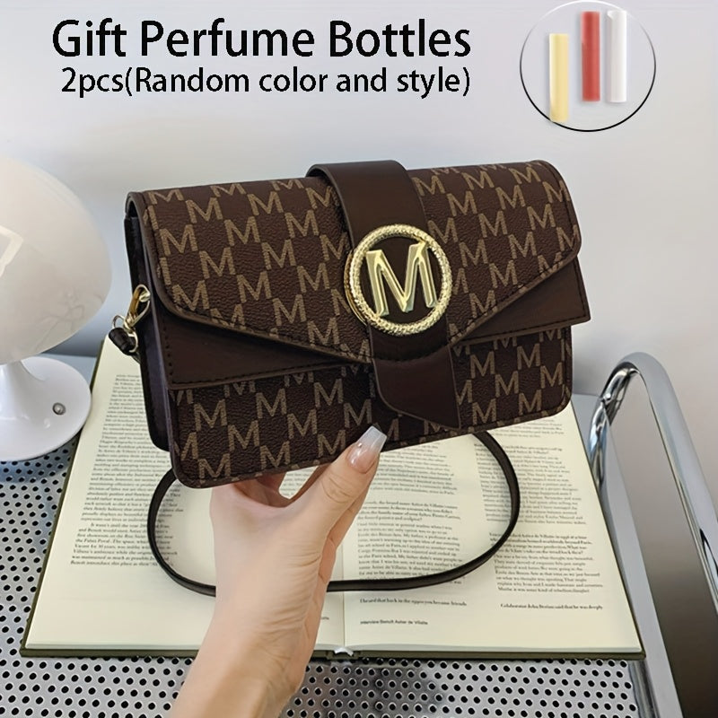 Women's Elegant Shoulder Bag With Perfume Bottle, Golden "M" Letter Buckle, Retro Geometric Shoulder Purse, Small Crossbody Bag For Daily Use, Travel, Work & Shopping