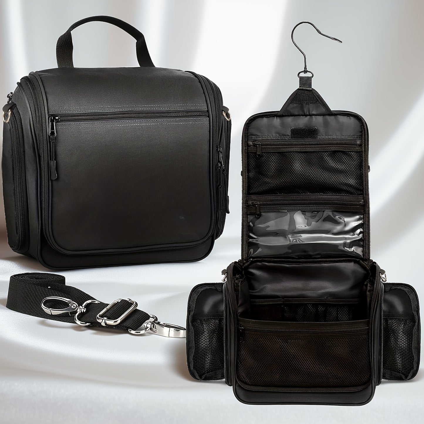 Large Toiletry Bag for Men and Women - Black with Metal Rotating Hook, 19 Compartments for Hygiene Products, Cosmetics, Makeup, Travel Organizer | Durable Zipper