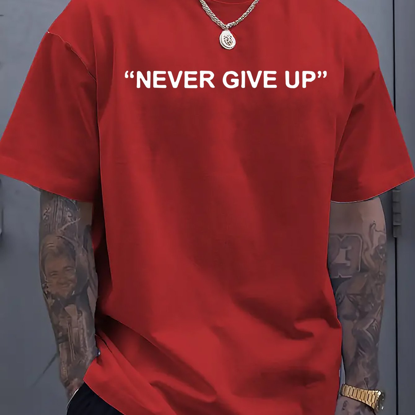 1pc of "Never Give Up" Printed T-Shirt - Men'S Round Neck Short Sleeved Shirt, Casual All Season Knitted Fabric, Slightly Elastic, Breathable And Suitable for Adult Multifunctional Design