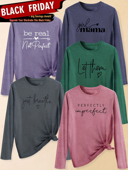 A Set of Five Women'S Long-Sleeve T-Shirts with Heart Letters, Featuring Slogan Prints And a Round Neck, Suitable for Spring, Summer, Autumn, And Winter. This Stylish And Versatile Top Is Perfect for Casual, Elegant, And Retr