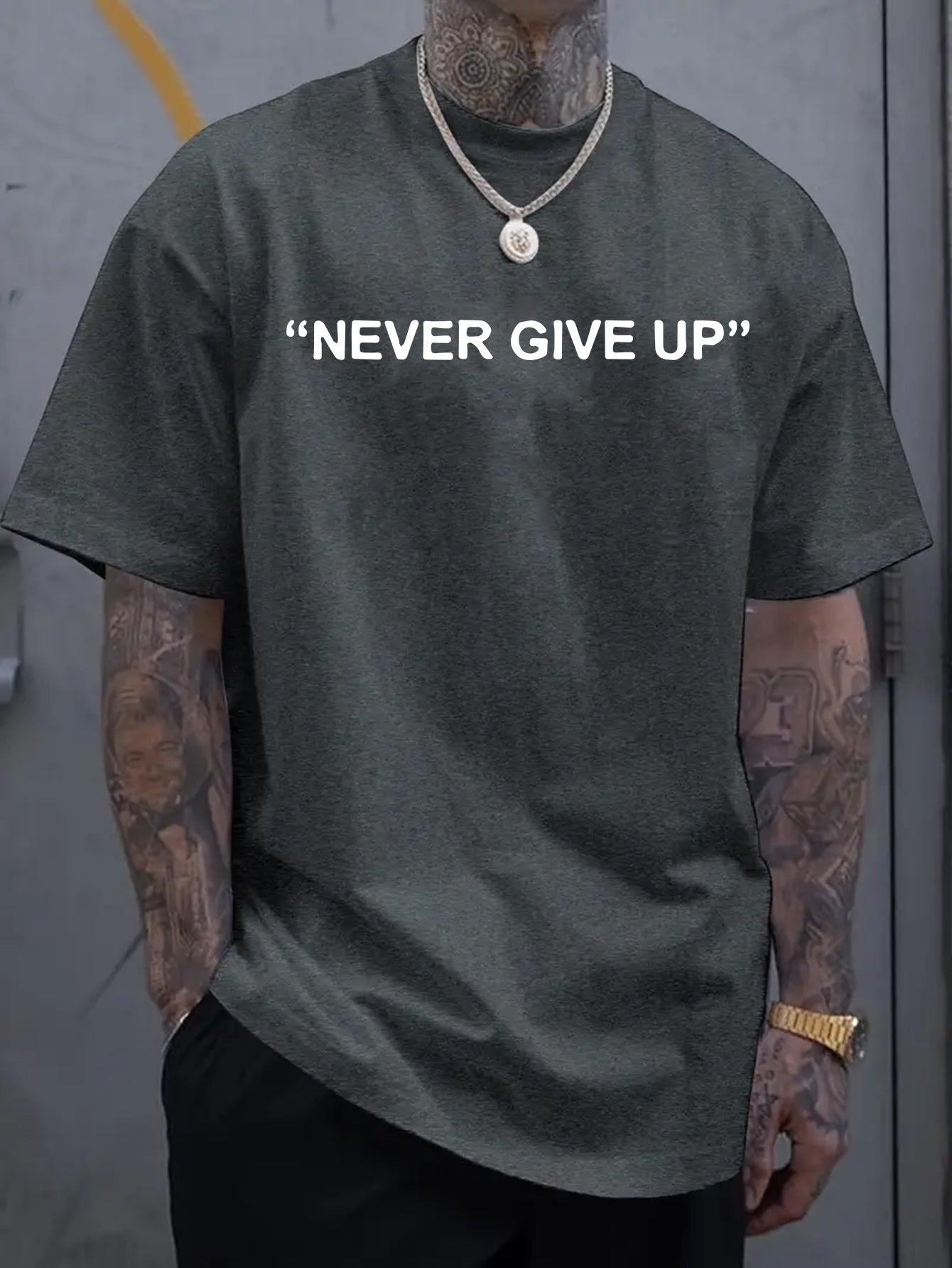 1pc of "Never Give Up" Printed T-Shirt - Men'S Round Neck Short Sleeved Shirt, Casual All Season Knitted Fabric, Slightly Elastic, Breathable And Suitable for Adult Multifunctional Design