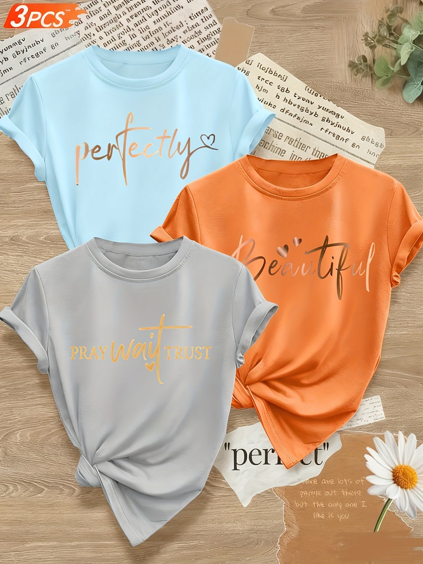 Alphabet Print Womens T Shirts Crew Neck Three Piece Set