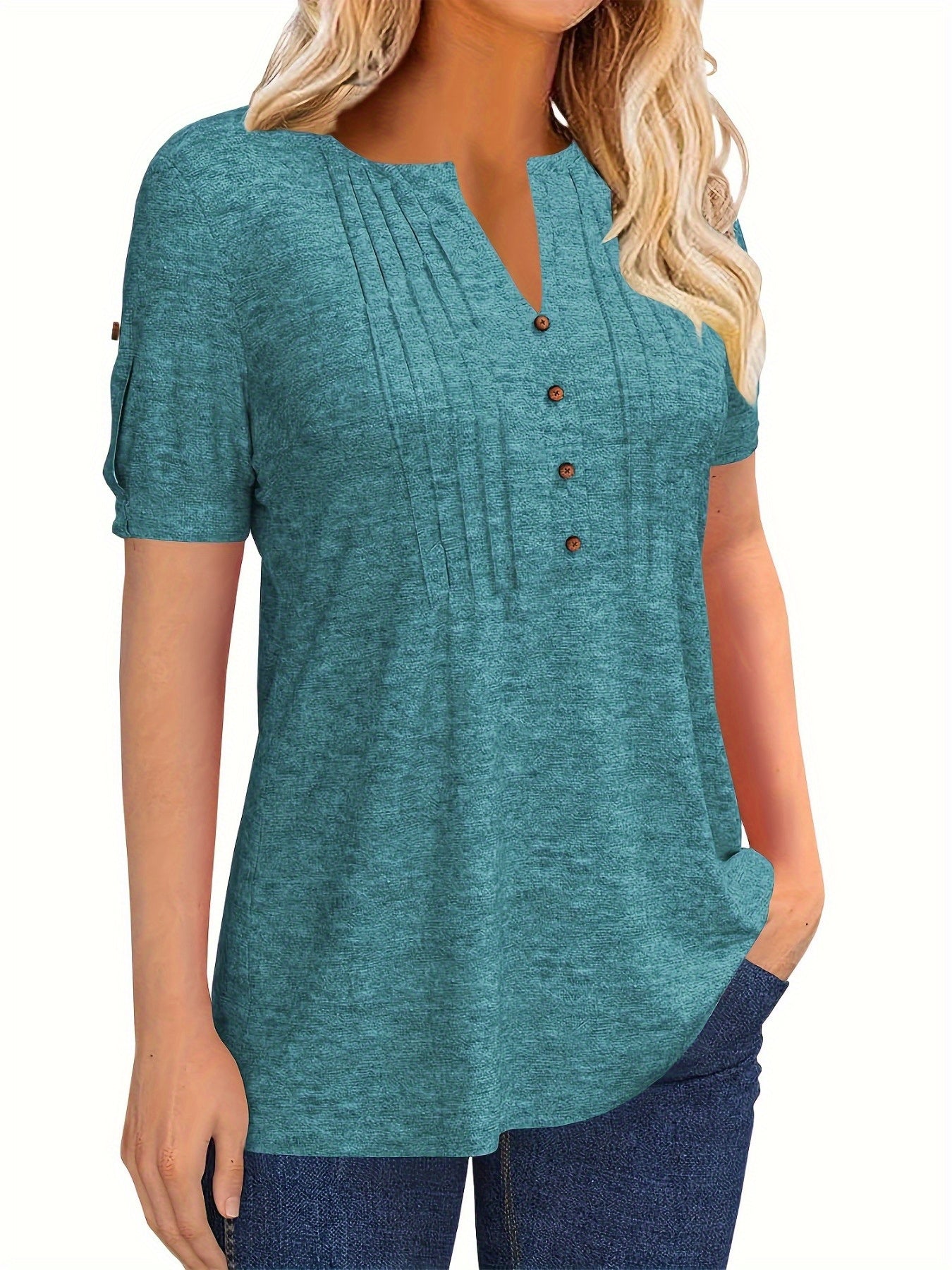 Women's Summer Casual V Neck Button Short Sleeve T Shirt