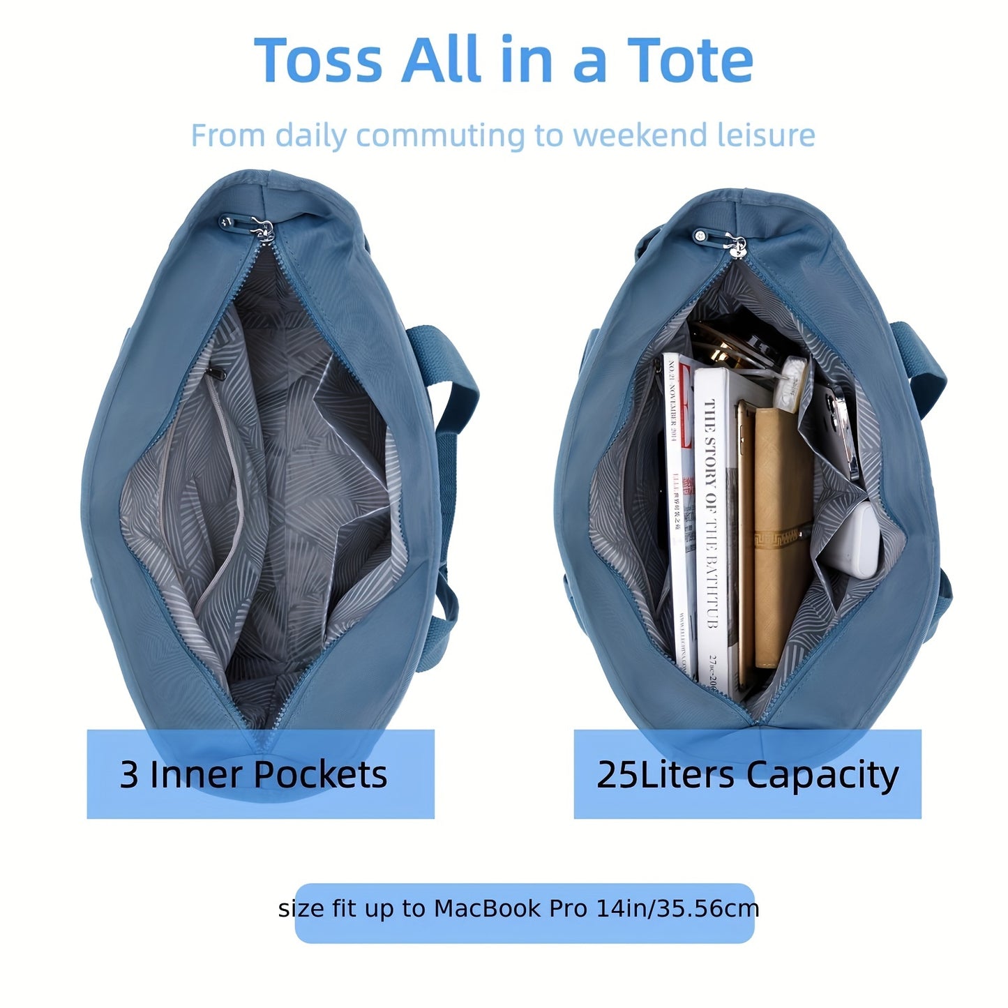 Large Capacity Tote Bag, Zipper Closure, Shoulder Handbag For Women