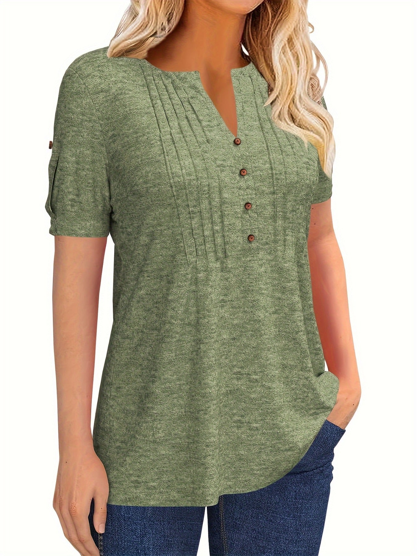Women's Summer Casual V Neck Button Short Sleeve T Shirt