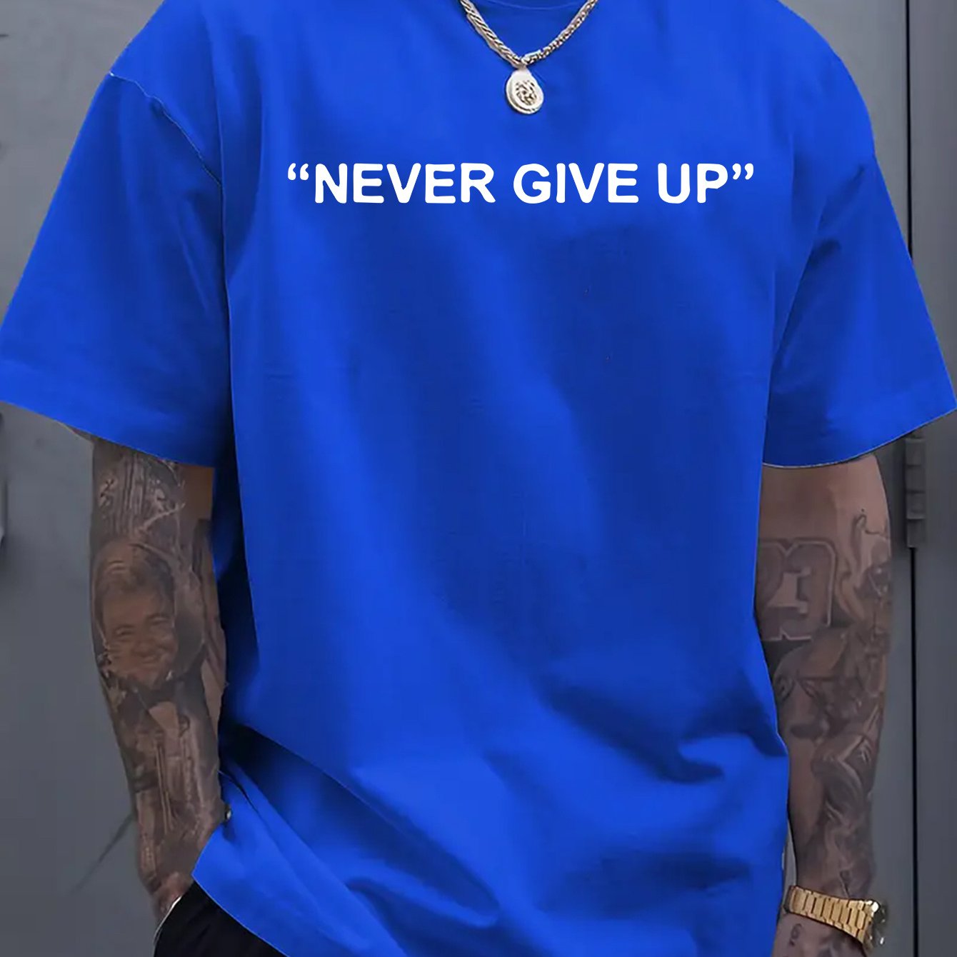 1pc of "Never Give Up" Printed T-Shirt - Men'S Round Neck Short Sleeved Shirt, Casual All Season Knitted Fabric, Slightly Elastic, Breathable And Suitable for Adult Multifunctional Design