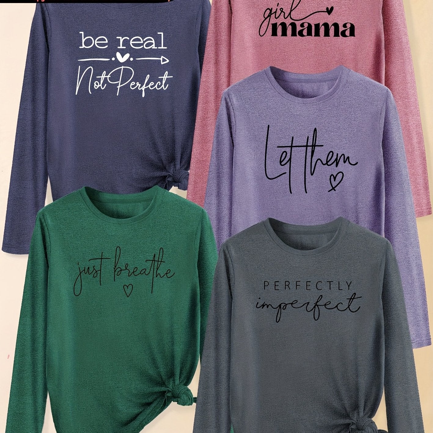 A Set of Five Women'S Long-Sleeve T-Shirts with Heart Letters, Featuring Slogan Prints And a Round Neck, Suitable for Spring, Summer, Autumn, And Winter. This Stylish And Versatile Top Is Perfect for Casual, Elegant, And Retr