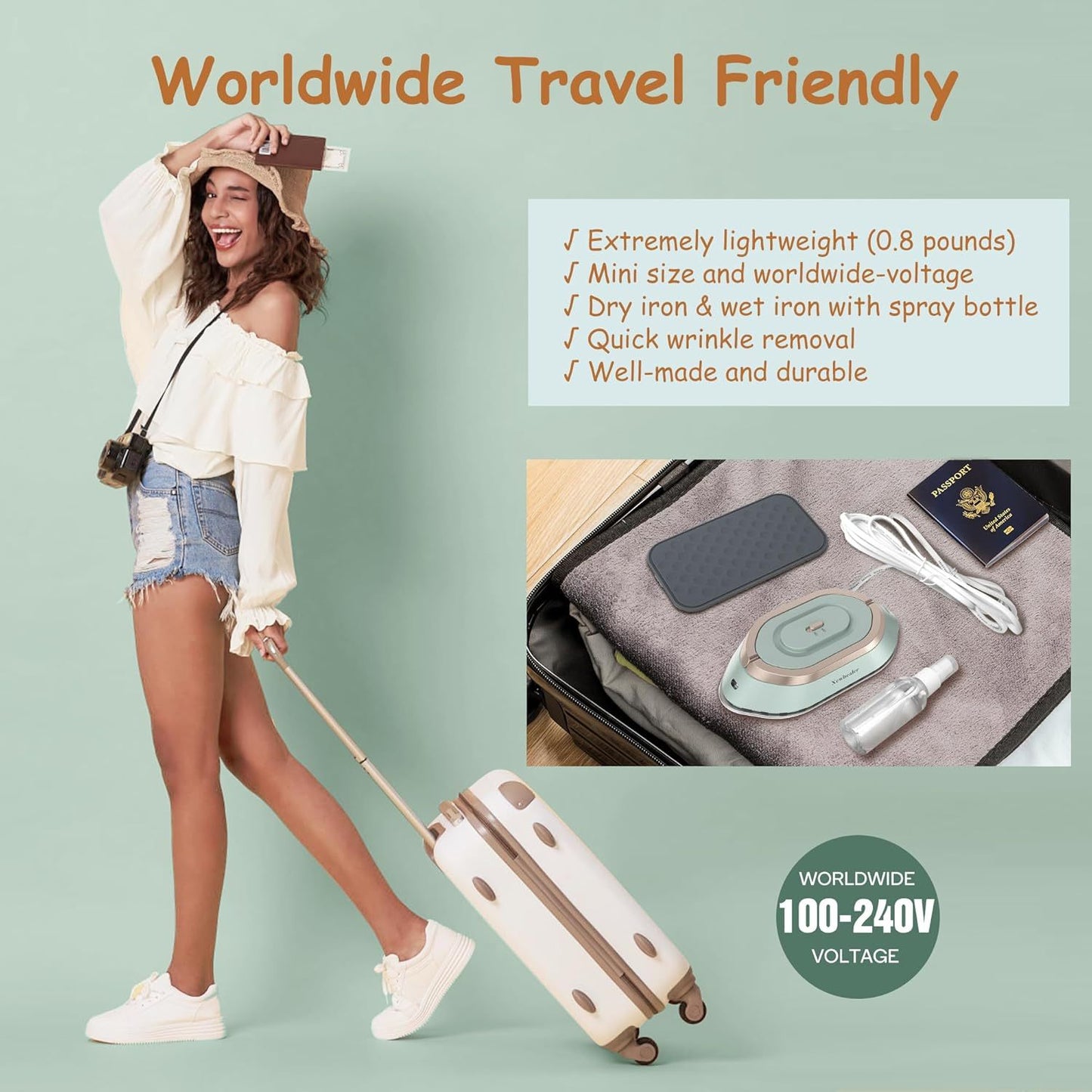 NEWBEALER Dual Voltage Travel Iron 120V 220V With Spray Bottle