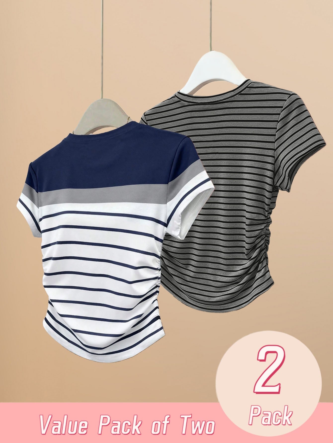 2pcs Womens Striped Short Sleeve T-Shirts Spring Summer Slim Fit Side Ruched Casual Tees Y2K Fitted Going Out Tops Regular Shoulder