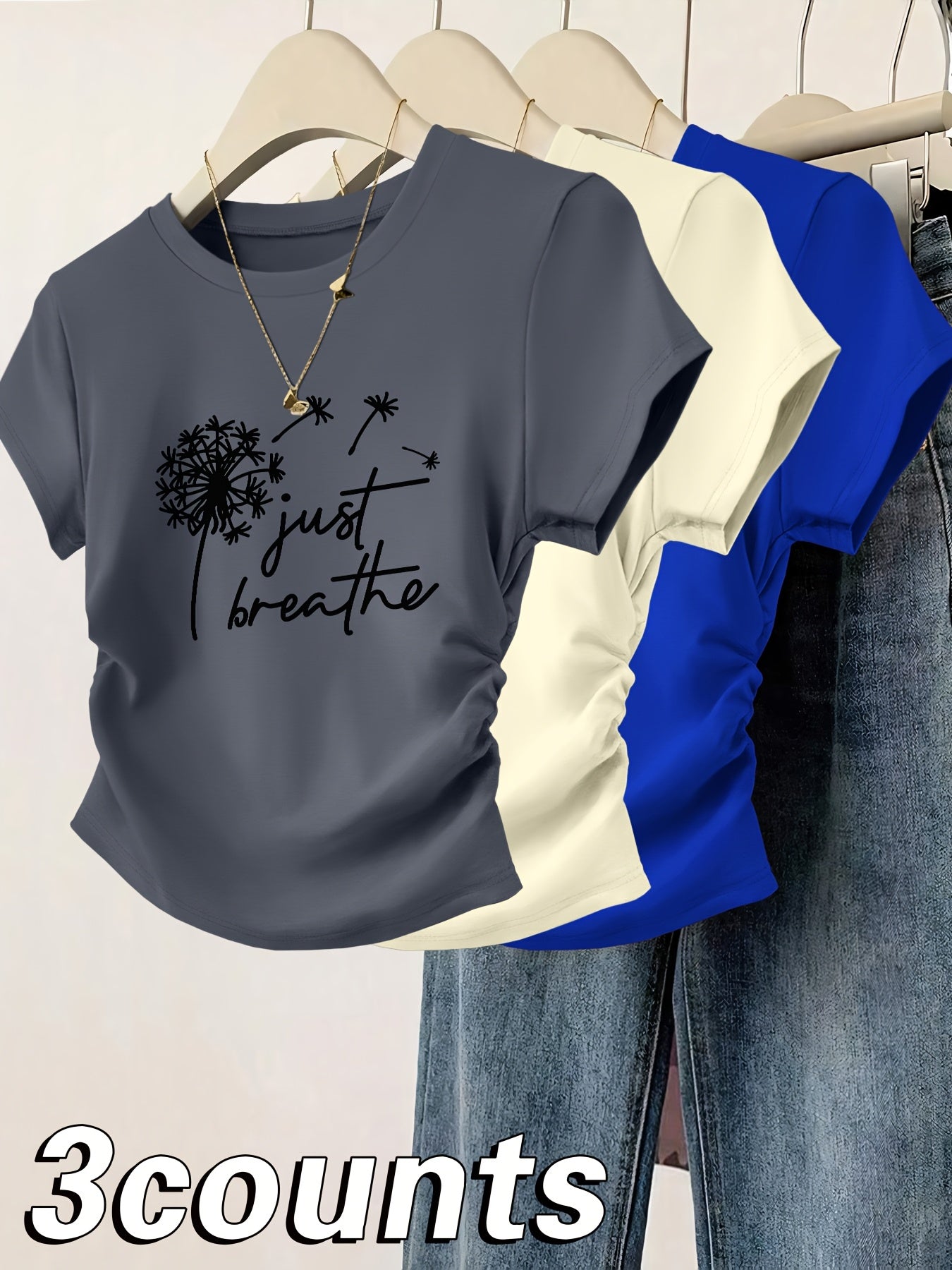 3pcs Women's Slim Fit Cinched Waist Pleated Short Sleeve T-Shirts - Geometric Print Round Neck Casual Tees, Red Grey Blue, Machine Washable Spring Summer Tops, Ladies T Shirts, Everyday Fashion, Smooth Texture Fabric, Seasona