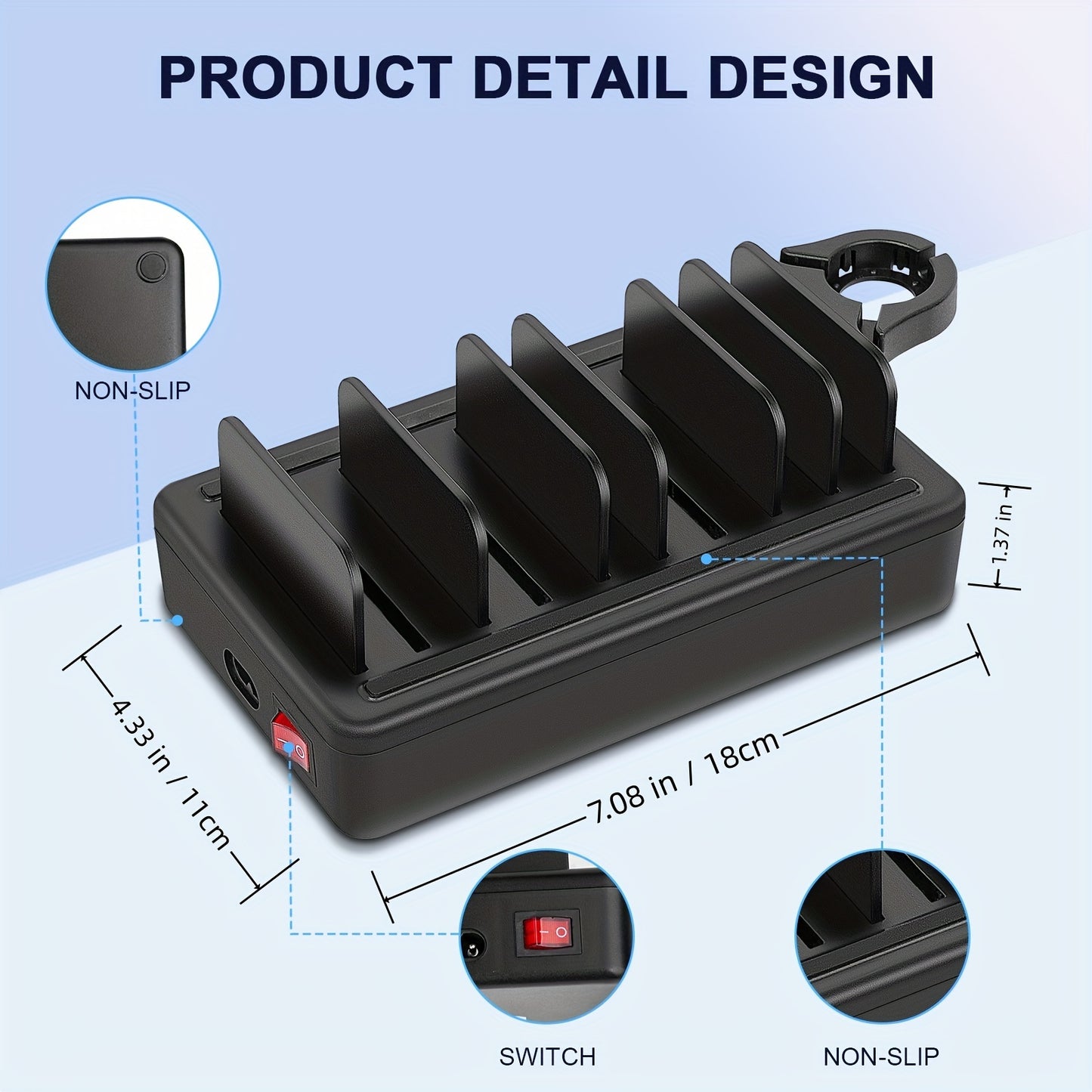 Fast Charging Station For Multiple Devices, 50W 6-Ports USB Charging Station With10-Slot, Detachable Dividers, Watch Holder, Compatible With Phone/iPad/Kindle/Tablet (6 Short Cables Included)