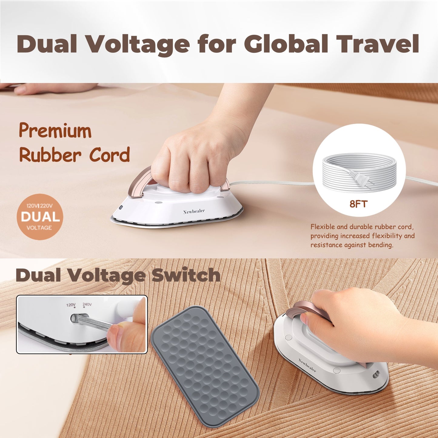 NEWBEALER Dual Voltage Travel Iron 120V 220V With Spray Bottle