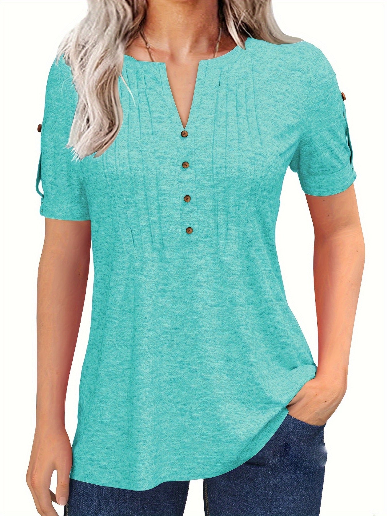 Women's Summer Casual V Neck Button Short Sleeve T Shirt