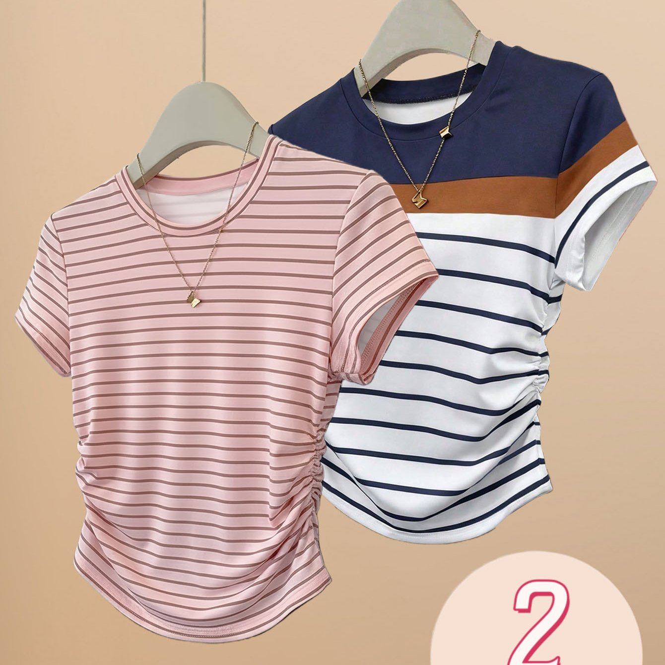 2pcs Womens Striped Short Sleeve T-Shirts Spring Summer Slim Fit Side Ruched Casual Tees Y2K Fitted Going Out Tops Regular Shoulder