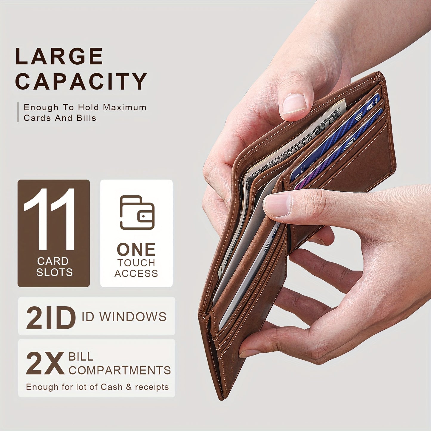 Handcrafted Vintage Bifold Wallet for Men - GSOIAX Premium Crazy Horse Faux Leather | 11 Card Slots + 2 ID Compartments + 2 Cash Sections | RFID Protection | Perfect Gift