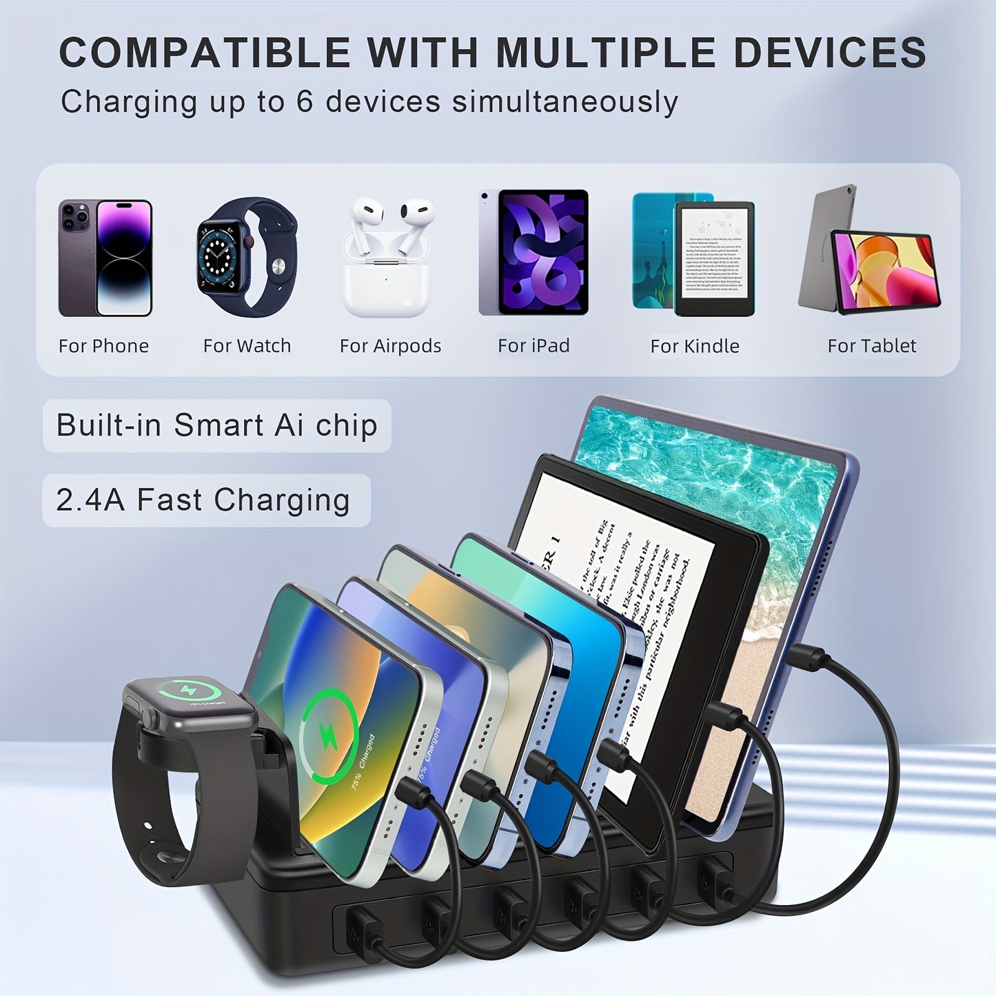 Fast Charging Station For Multiple Devices, 50W 6-Ports USB Charging Station With10-Slot, Detachable Dividers, Watch Holder, Compatible With Phone/iPad/Kindle/Tablet (6 Short Cables Included)