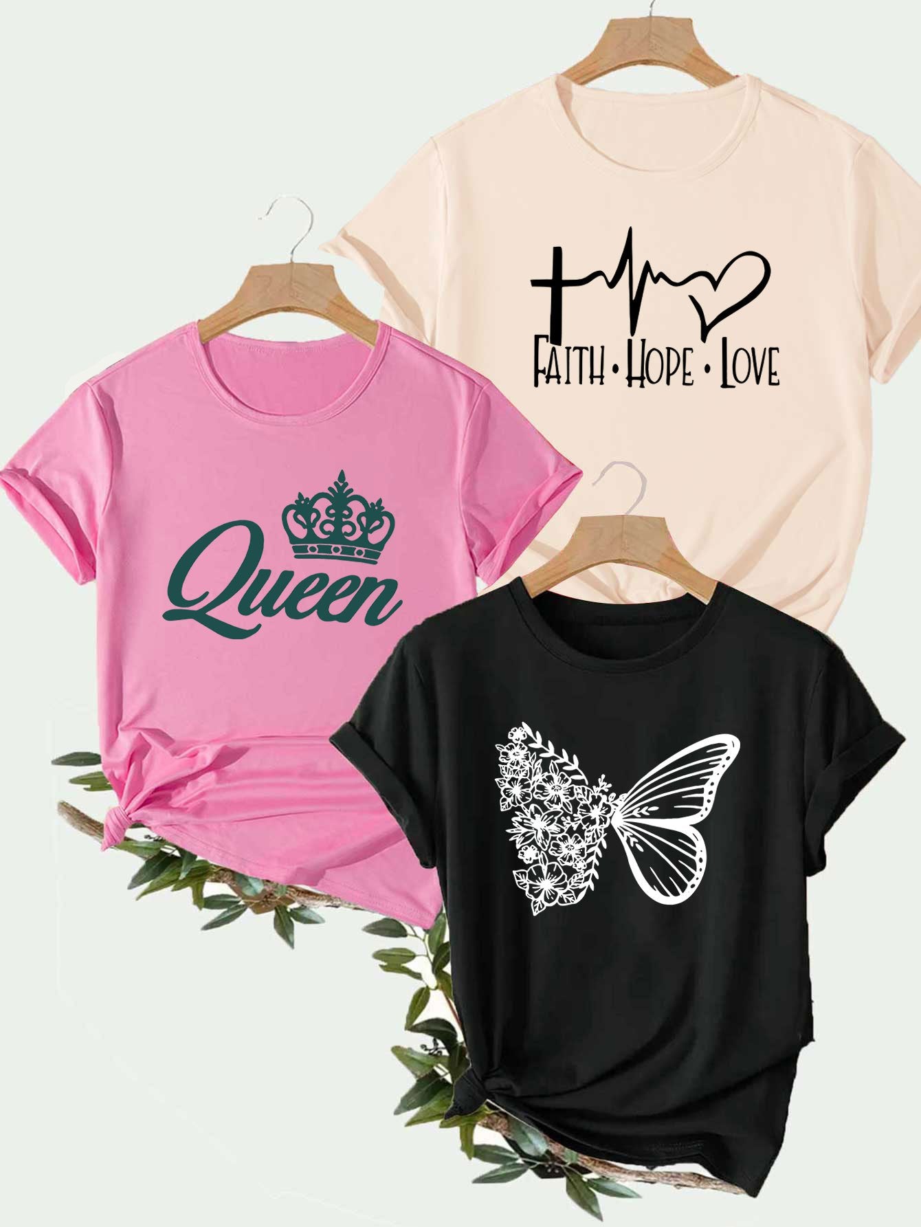 Three Piece Cross Heartbeat Queen Crown Print T Shirt Set