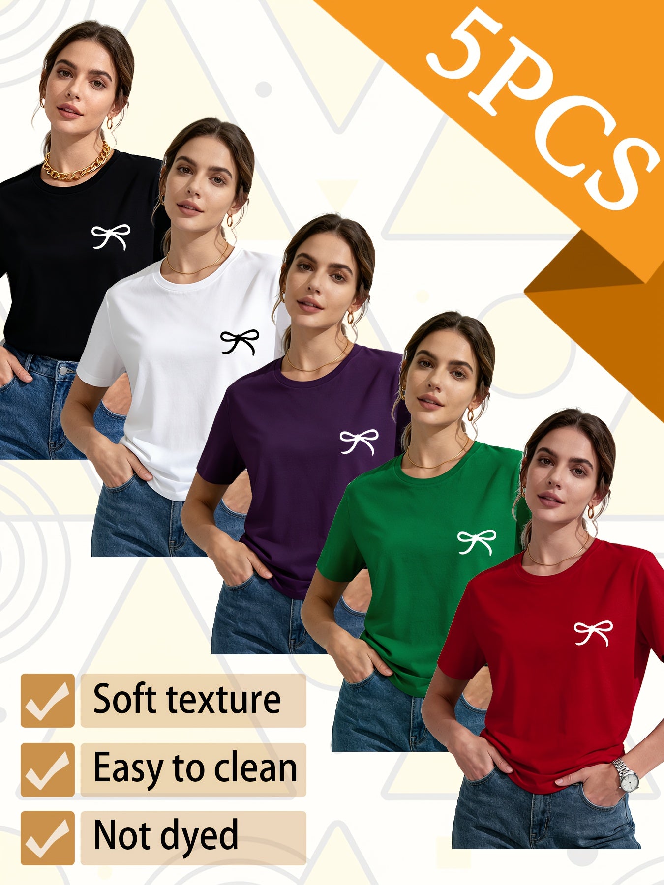 Set of 5 Trendy Women'S T-Shirts Suitable for All Seasons, Featuring Colorful Short Sleeves And a Playful Small Logo with a Bow. This Pack of Casual Tees, Made from 100% Pure