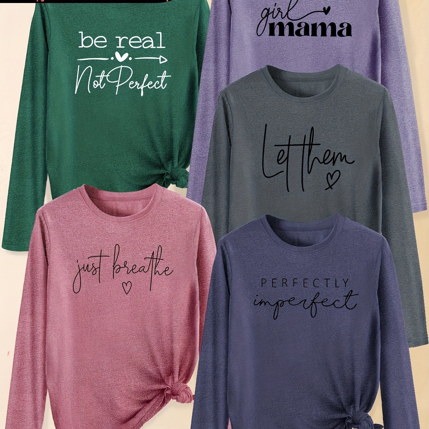 A Set of Five Women'S Long-Sleeve T-Shirts with Heart Letters, Featuring Slogan Prints And a Round Neck, Suitable for Spring, Summer, Autumn, And Winter. This Stylish And Versatile Top Is Perfect for Casual, Elegant, And Retr