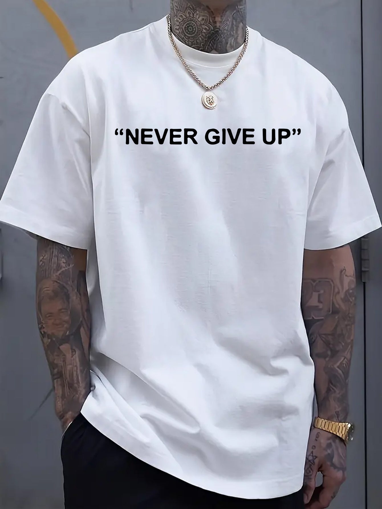 1pc of "Never Give Up" Printed T-Shirt - Men'S Round Neck Short Sleeved Shirt, Casual All Season Knitted Fabric, Slightly Elastic, Breathable And Suitable for Adult Multifunctional Design