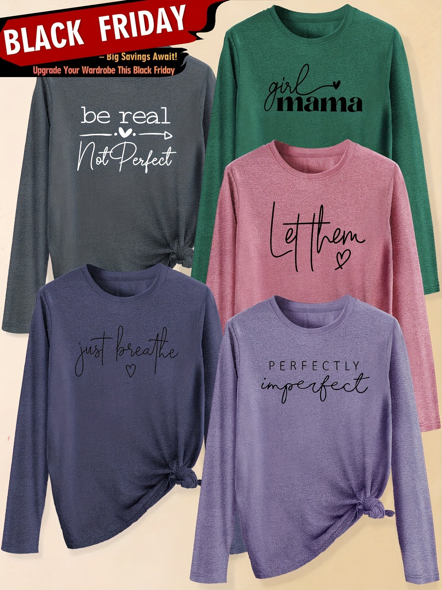 A Set of Five Women'S Long-Sleeve T-Shirts with Heart Letters, Featuring Slogan Prints And a Round Neck, Suitable for Spring, Summer, Autumn, And Winter. This Stylish And Versatile Top Is Perfect for Casual, Elegant, And Retr