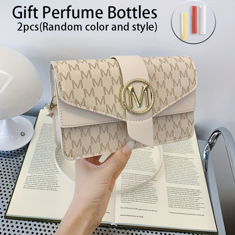Women's Elegant Shoulder Bag With Perfume Bottle, Golden "M" Letter Buckle, Retro Geometric Shoulder Purse, Small Crossbody Bag For Daily Use, Travel, Work & Shopping