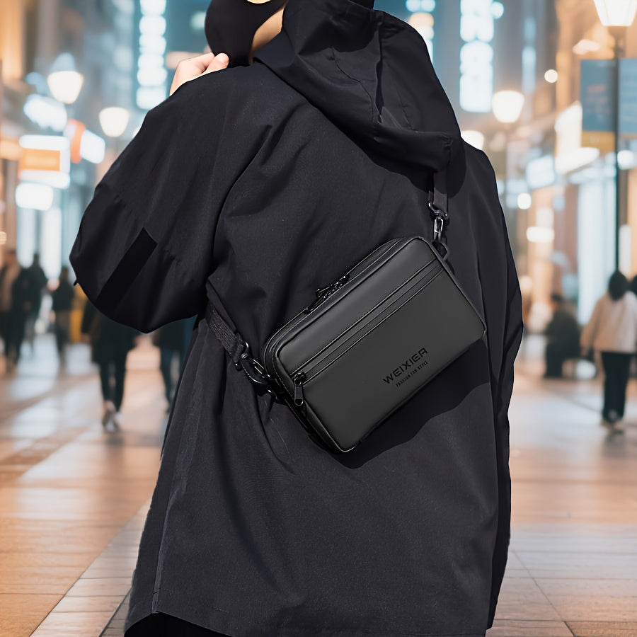 Men'S PU Crossbody Bag Featuring an Adjustable Strap And Waist Attachment - Multiple Compartments with Zipper Closure, Golden-Tone Hardware, And a Sleek Black Minimalist Design - Suitable for Both Casual And Formal Everyday U