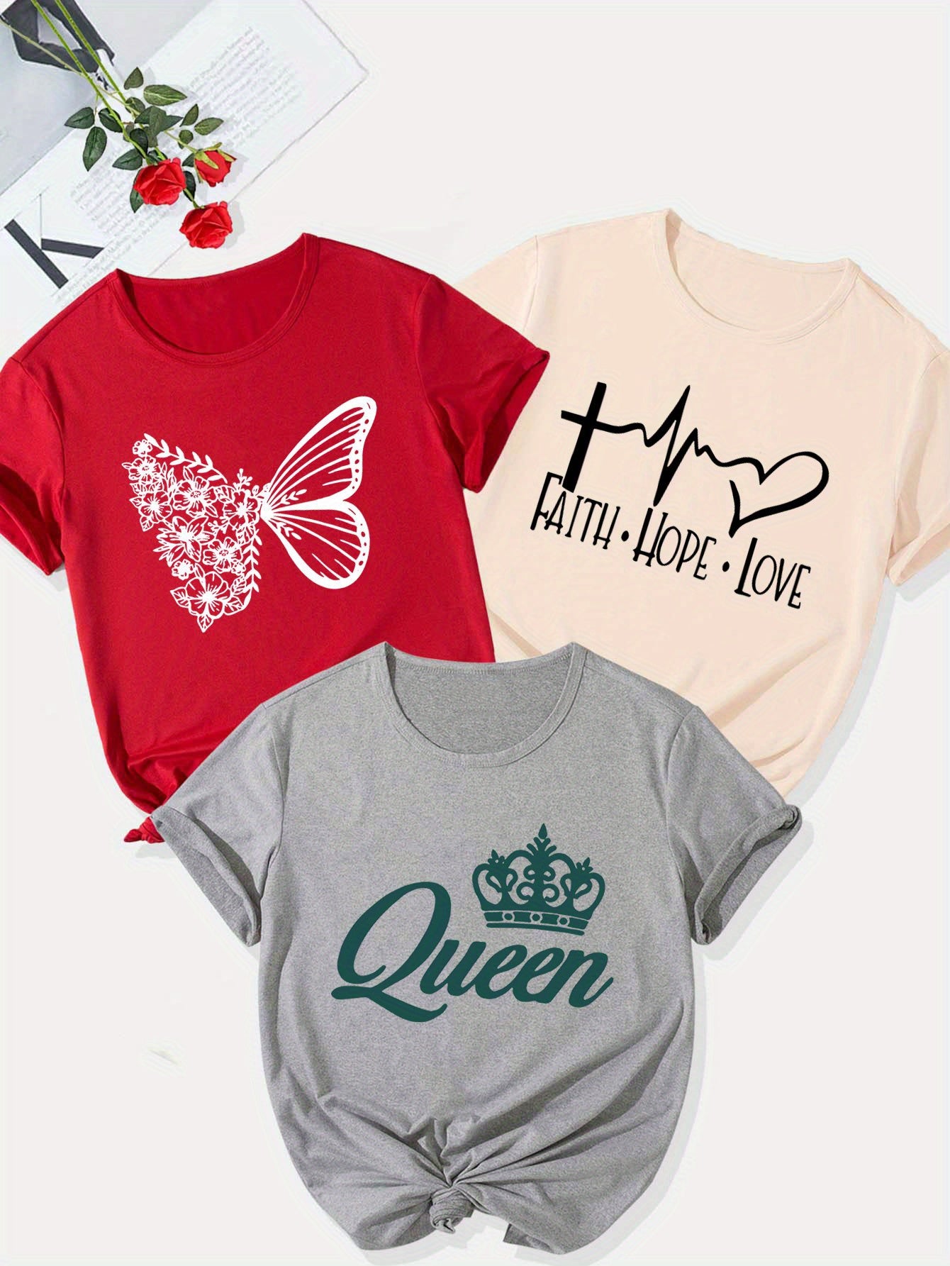 Three Piece Cross Heartbeat Queen Crown Print T Shirt Set