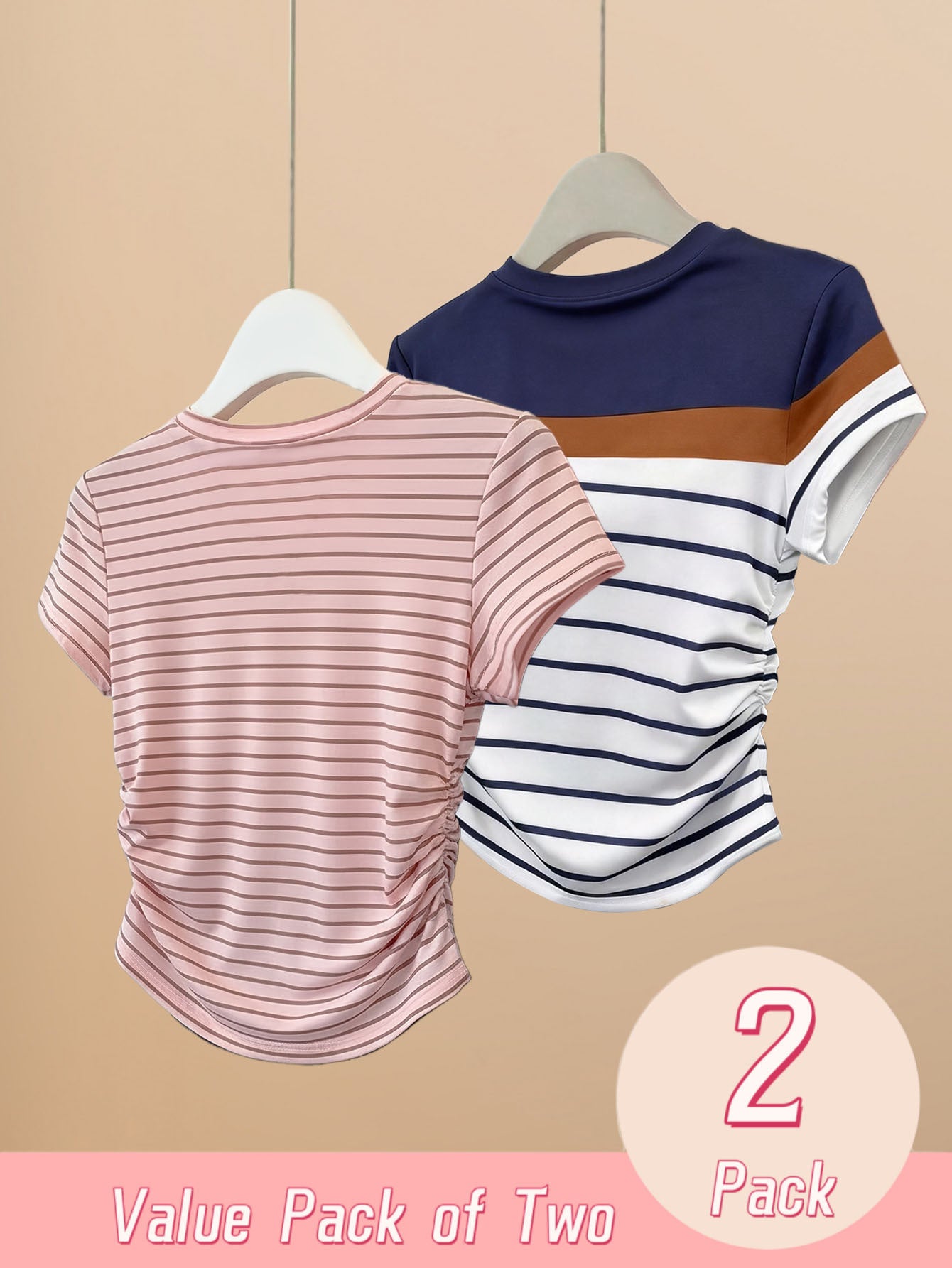 2pcs Womens Striped Short Sleeve T-Shirts Spring Summer Slim Fit Side Ruched Casual Tees Y2K Fitted Going Out Tops Regular Shoulder
