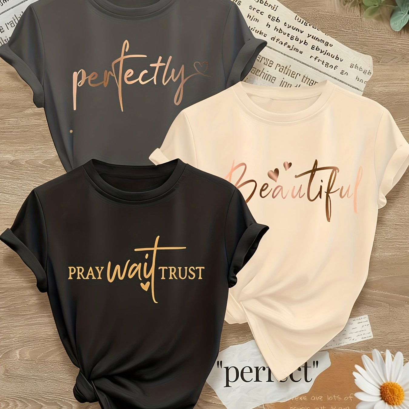 Alphabet Print Womens T Shirts Crew Neck Three Piece Set