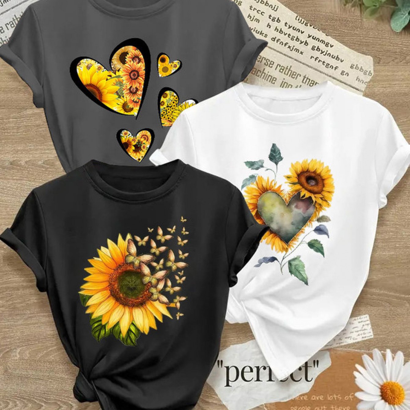Sunflower Print Crew Neck Women T Shirt All Season Stretch Knit