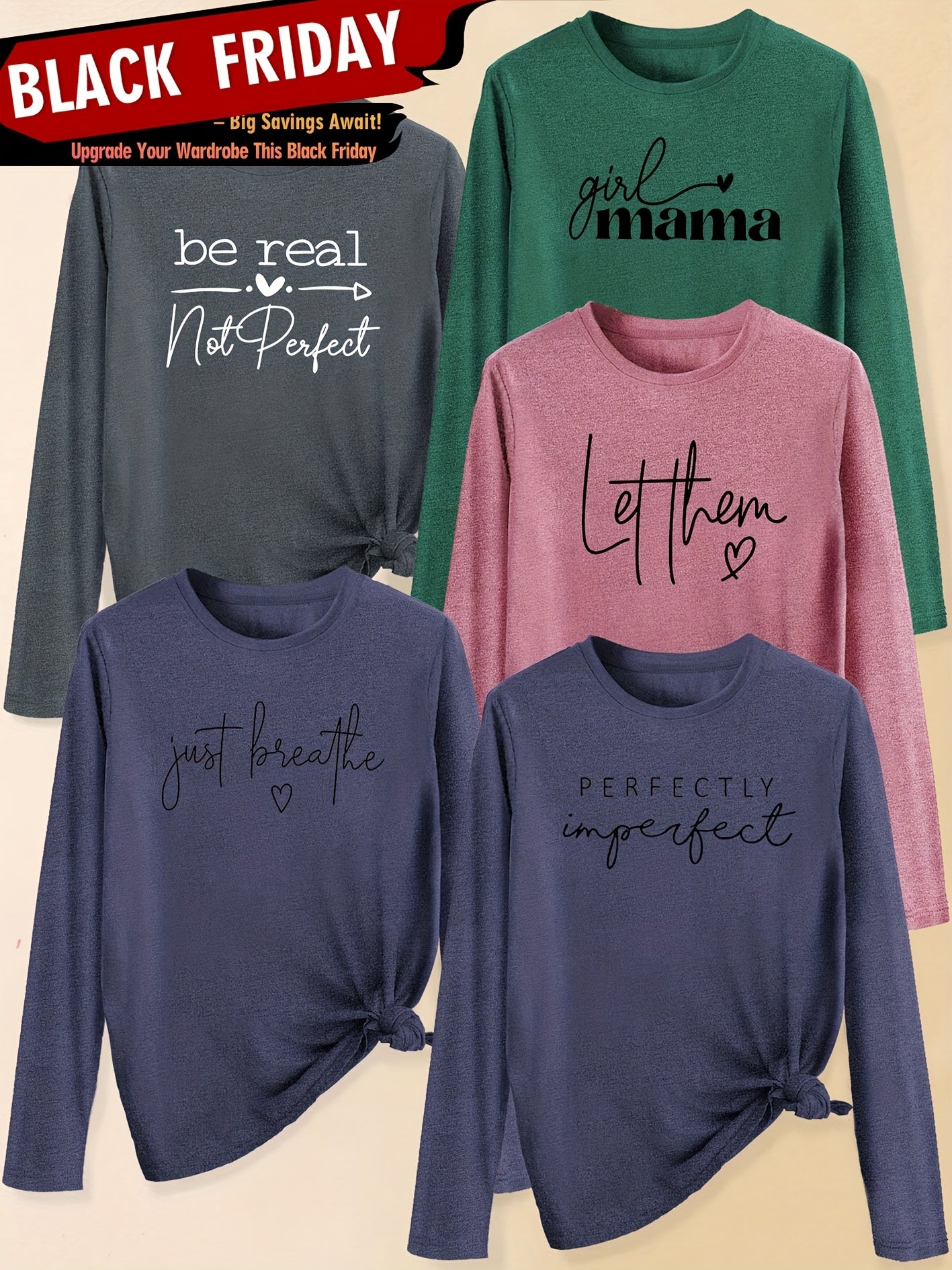 A Set of Five Women'S Long-Sleeve T-Shirts with Heart Letters, Featuring Slogan Prints And a Round Neck, Suitable for Spring, Summer, Autumn, And Winter. This Stylish And Versatile Top Is Perfect for Casual, Elegant, And Retr