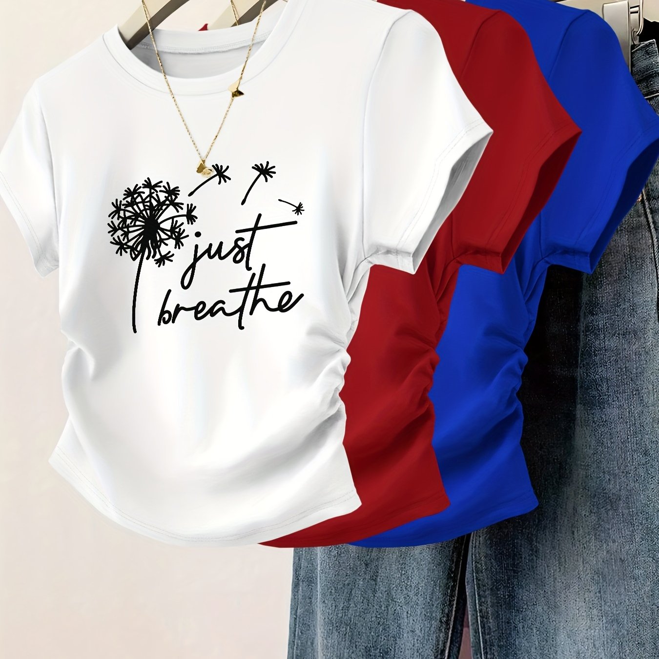 3pcs Women's Slim Fit Cinched Waist Pleated Short Sleeve T-Shirts - Geometric Print Round Neck Casual Tees, Red Grey Blue, Machine Washable Spring Summer Tops, Ladies T Shirts, Everyday Fashion, Smooth Texture Fabric, Seasona