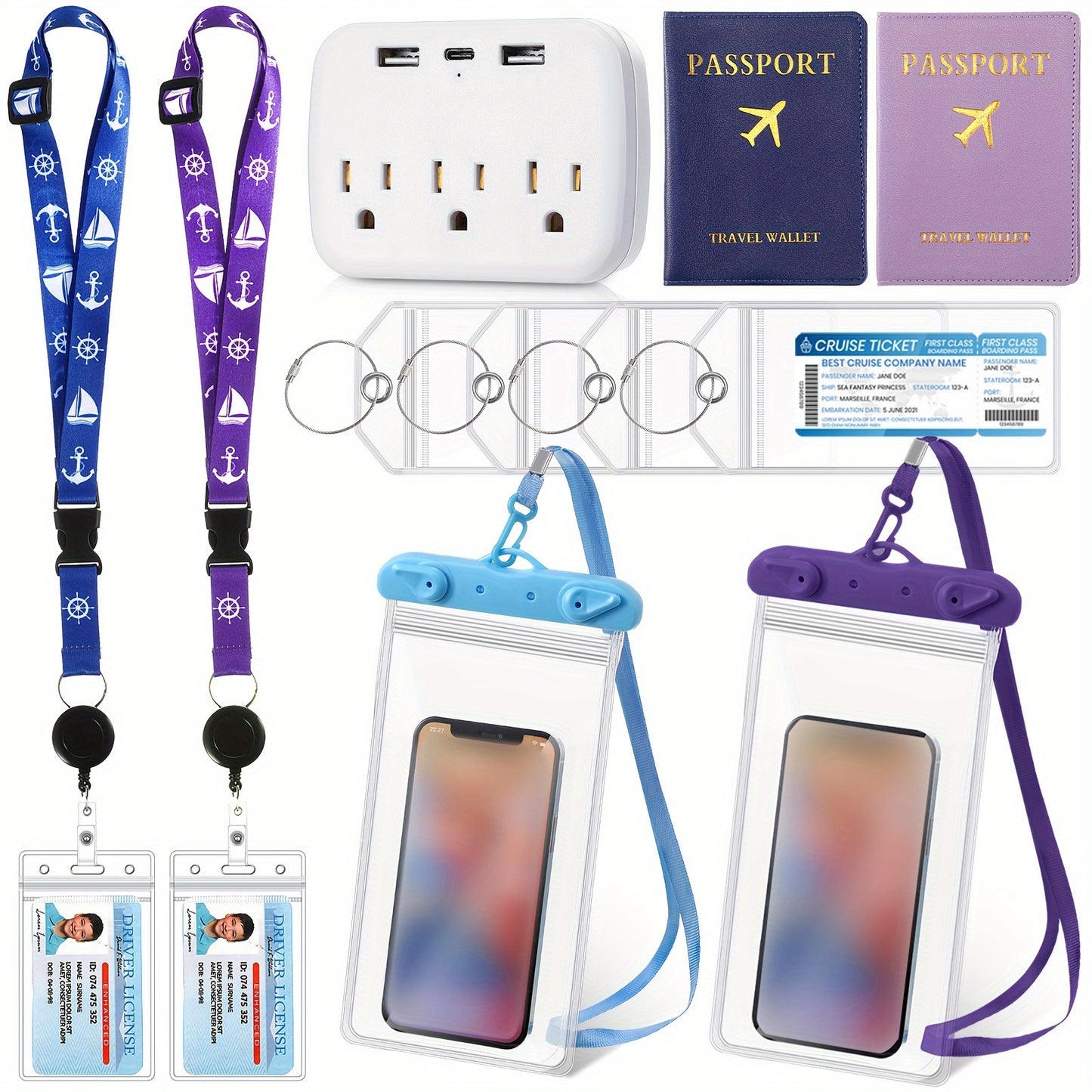 11pcs Cruise Accessories Kit 2 Cruise Lanyards for Ship Cards 4 Waterproof Luggage Tag Holder with Metal Loop 2 Passport Holder 2 Waterproof Phone Bags 1 Cruise Power Strip, Classic Color