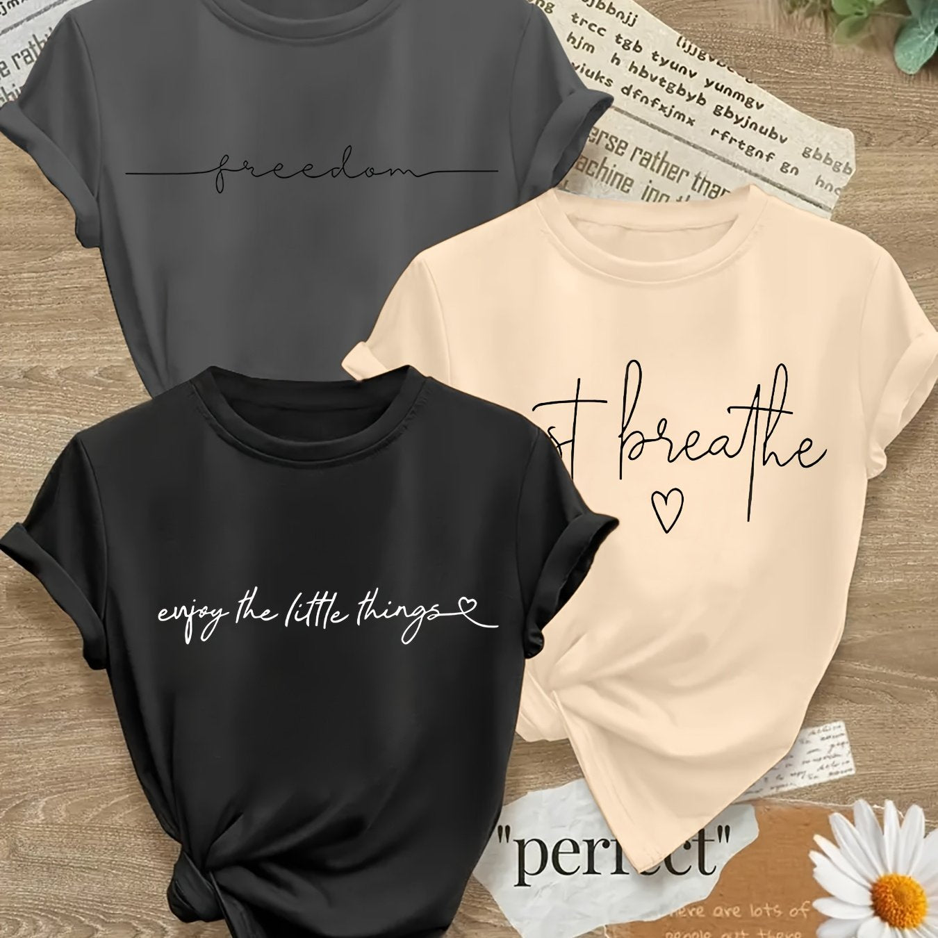 3pcs Casual T-Shirt for Women, Round Neck, Medium-Stretch Fabric, with Alphabet Pattern Prints, Suitable for Spring And Summer Wear- Size S-XXL