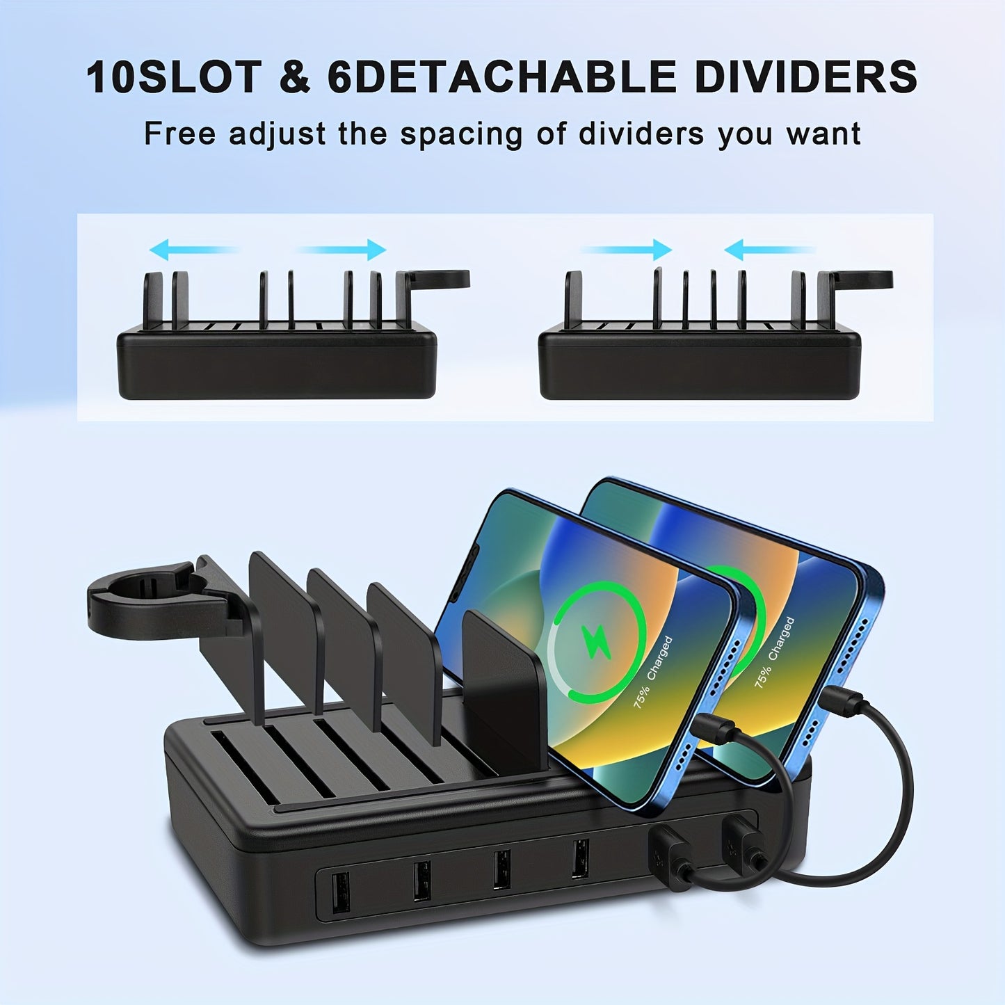 Fast Charging Station For Multiple Devices, 50W 6-Ports USB Charging Station With10-Slot, Detachable Dividers, Watch Holder, Compatible With Phone/iPad/Kindle/Tablet (6 Short Cables Included)
