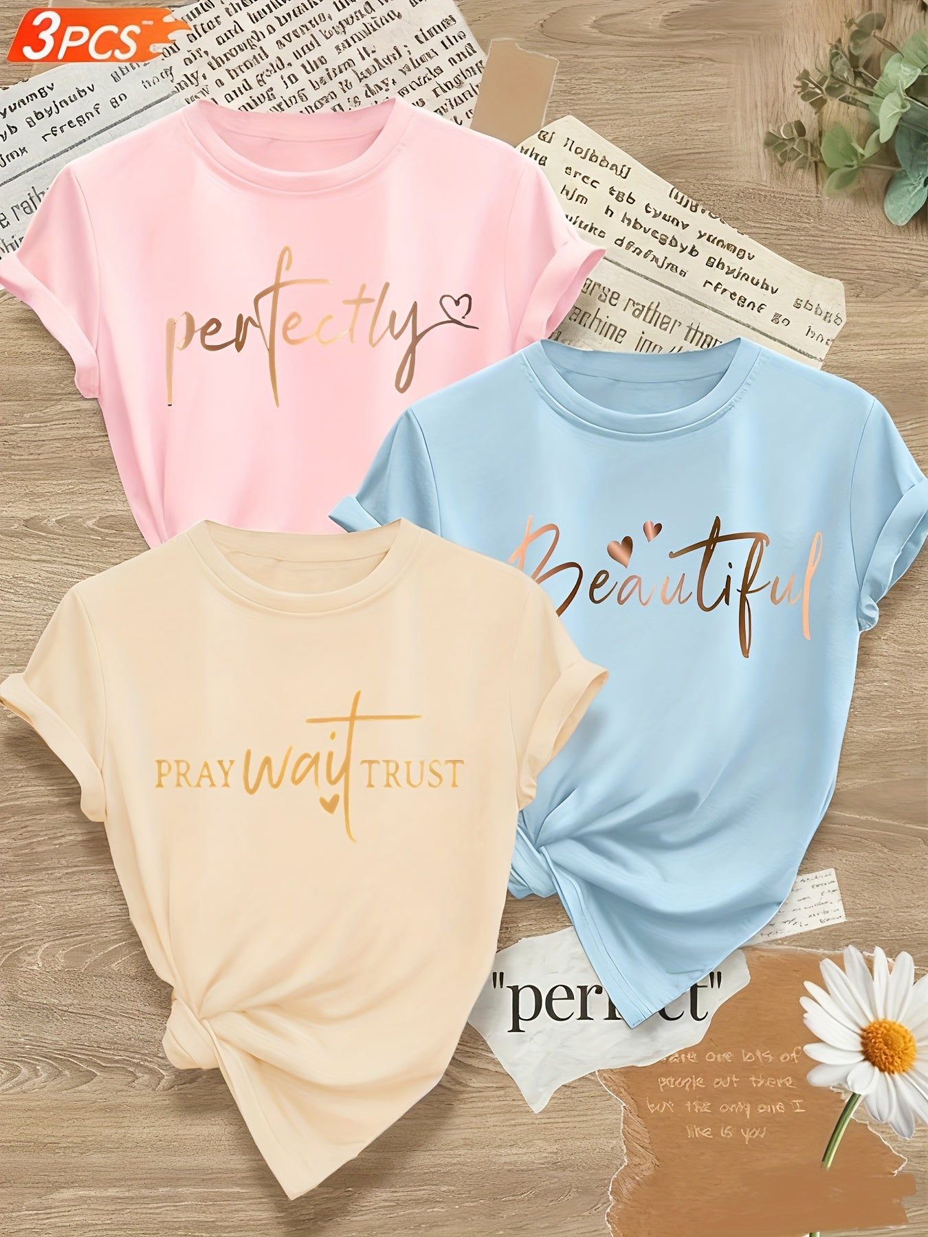 Alphabet Print Womens T Shirts Crew Neck Three Piece Set