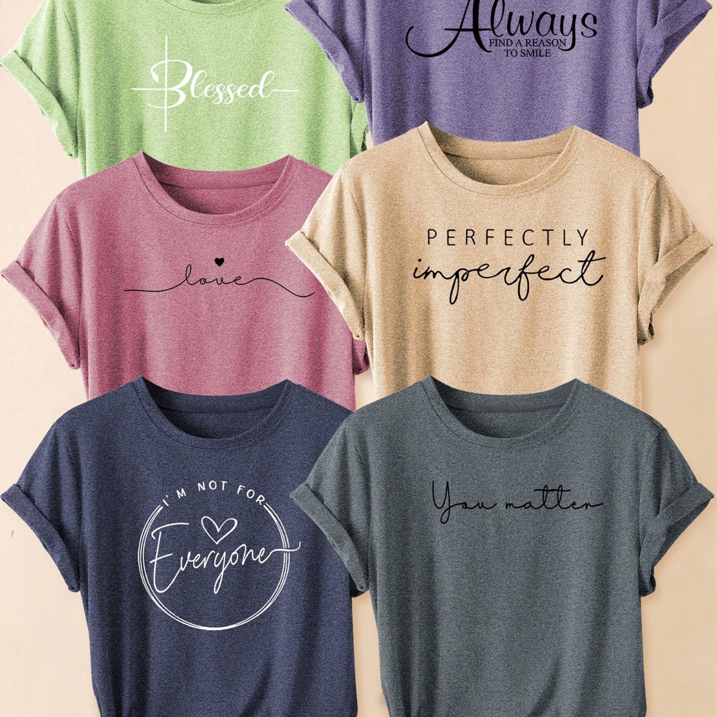 Set of 6 Women'S Short-Sleeve T-Shirts: Blessed, Always, Love, Perfectly Imperfect, I'M Not for Everyone, You Matter Print | Fashionable for Commuting, Vacations, Or Everyday Wear, Versatile Casual Tee | Machine Washable, Sui