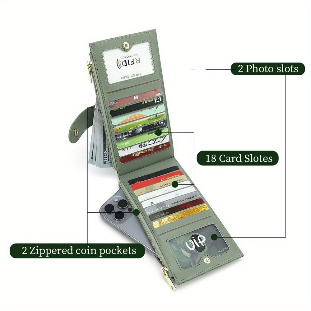 Women's Ultra-Thin RFID Blocking Wallet, Double Zipper Pocket, Slim Lightweight Clutch Card Bag
