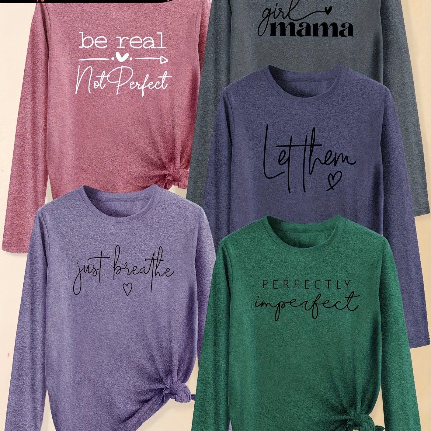 A Set of Five Women'S Long-Sleeve T-Shirts with Heart Letters, Featuring Slogan Prints And a Round Neck, Suitable for Spring, Summer, Autumn, And Winter. This Stylish And Versatile Top Is Perfect for Casual, Elegant, And Retr