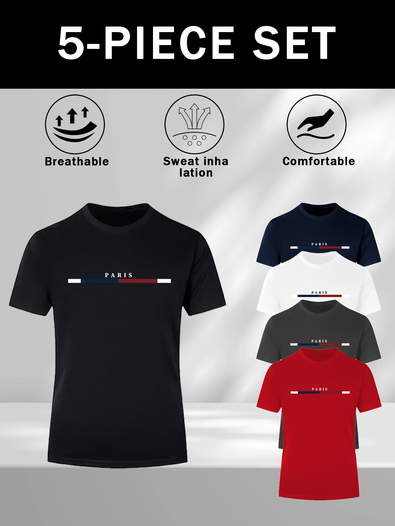 5pcs Men's Moisture-Wicking Short Sleeve T-Shirts, Paris Letter Print and Striped Collar Design- 5 Colors Available, Suitable for Summer Outdoor, Beach, Training, and Casual Wear, Comfortable Fit